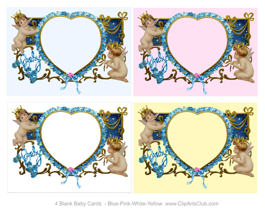 Cherubs Crowned Welcome Baby Beautiful Blank Cards to Personalize Blue, Pink, White & Yellow - Printable