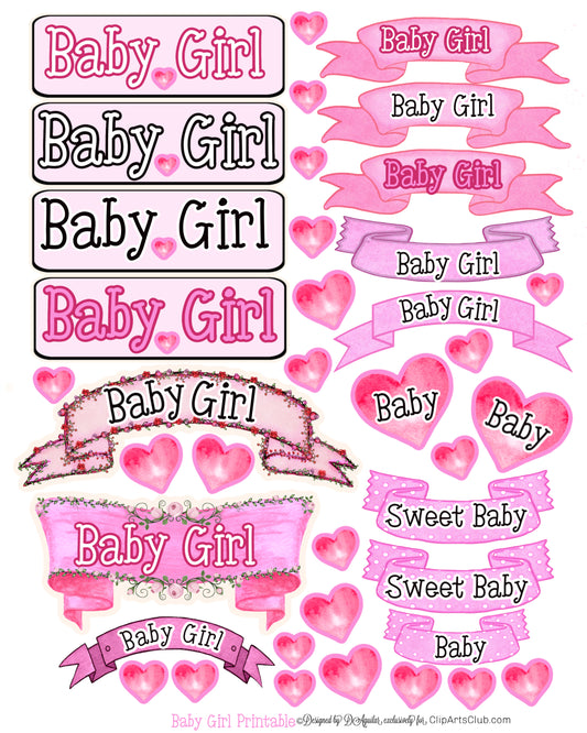 Baby Girl Pink Watercolor Hearts & Banners & Words Printable