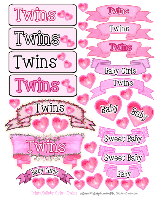 Baby Girl Pink Twins Watercolor Banners & Words Printable