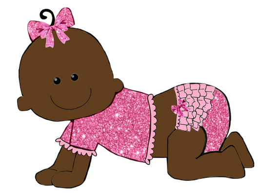 Baby Black Girl Black Curl in Pink Glitter & Ruffles Adorable Clip Art
