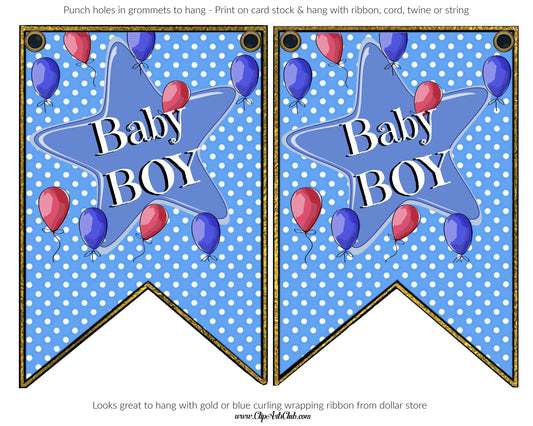 Baby Boy Blue Star & Polkadots - BANNER FLAGS PRINTABLE