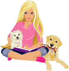 Beautiful Blonde Girl with Dogs Reading a Book - Student