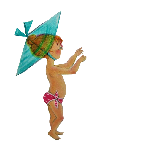 Beach Baby Little Girl Sunbathing in big Blue hat on the Beach vintage clip art png image