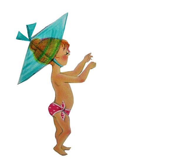 Beach Baby Little Girl Sunbathing in big Blue hat on the Beach vintage clip art png image