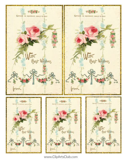 Roses and Cream Beautiful Vintage Postcard Note Set Collage Sheet Printable