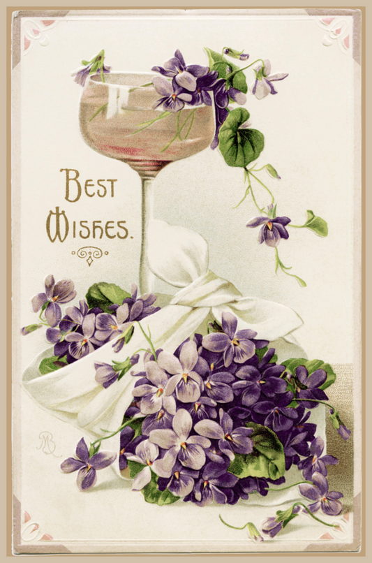 Best Wishes, Wine and Vioilets Vintage - Beautiful Vintage Postcard