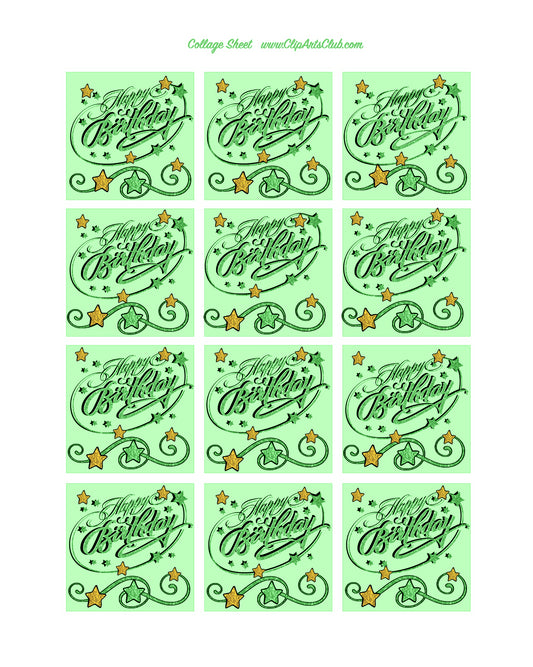 Happy Birthday Stars - Green #1 - Collage Sheet - Labels - Toppers - Tags