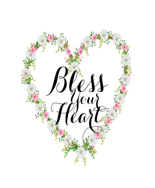 Bless Your Heart 8x10 Print - Heart Wreath with Daisies & Pink Roses