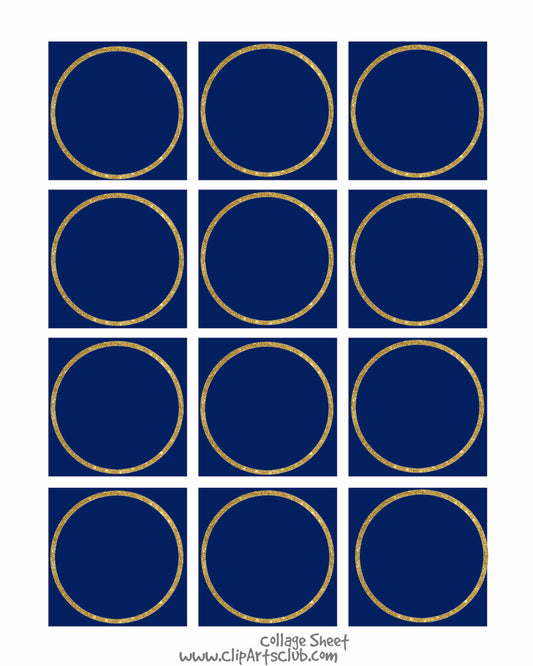 Navy Blue  - GOLD Glitter Circle Square Collage Sheet Blanks Printable 8x10