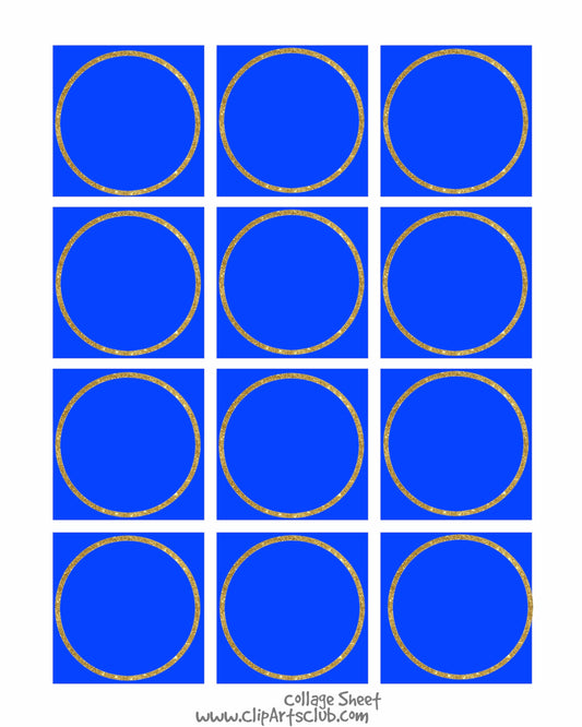 Bright Blue  - GOLD Glitter Circle Square Collage Sheet Blanks Printable 8x10