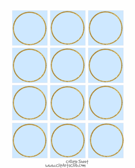 Blue  - GOLD Glitter Circle Square Collage Sheet Blanks Printable 8x10