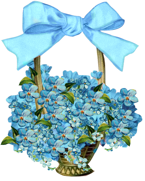 Blue Forget Me Not Flowers - Victorian Vintage Basket of  blue Flowers with beautiful blue bow