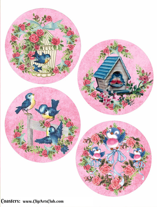Beautiful Vintage Blue Birds Coaster Collage Set