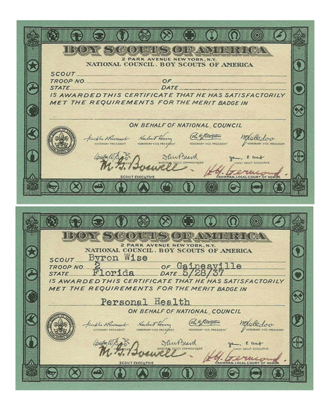 Boy Scouts Vintage Award Certificate Both Blank & 1937