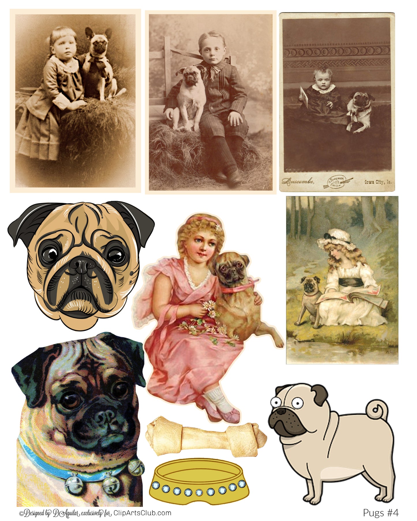 Pugs Collage Sheet Scraps Printable #4 Ephemera Vintage Antique Pug Dogs