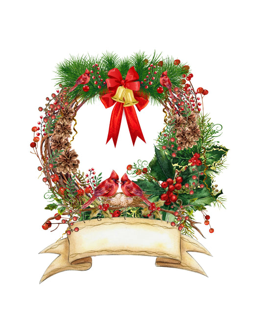 Christmas Wreath & Cardinal Nesting Blank Banner To Personalize 8X10 Print
