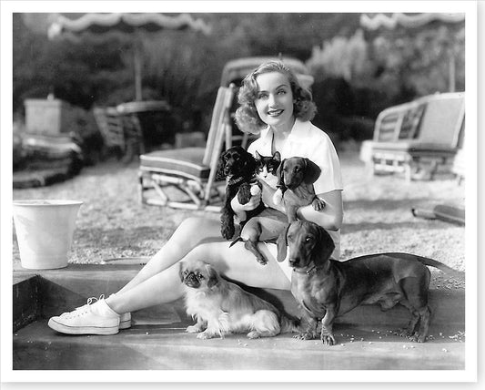 1939 Carole Lombard At Home With Her Pets 4 dogs & a cat Vintage Photo