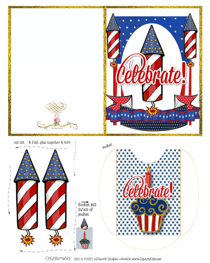Celebrate! Greeting Card with Pocket & Pull Out Rocket Plus Matching Envelope!