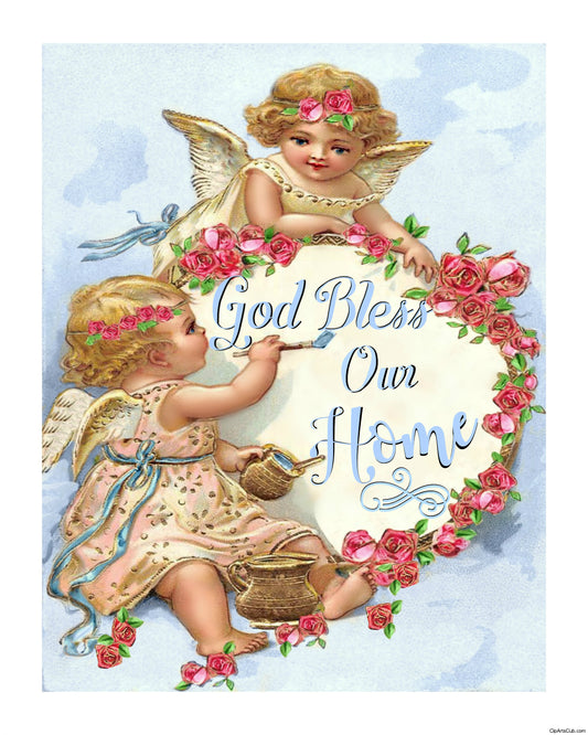 God Bless Our Home  Baby Cherubs Painting 8x10 Print.  Blue