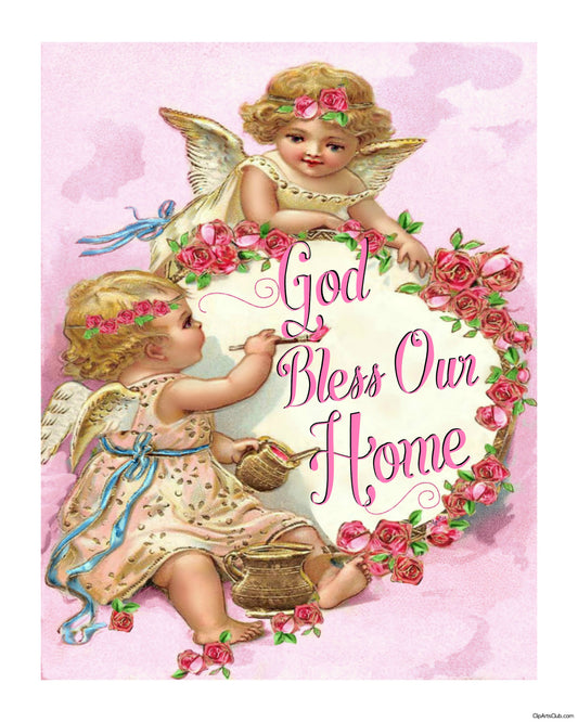 God Bless Our Home Sweet Baby Cherubs Painting 8x10 Print
