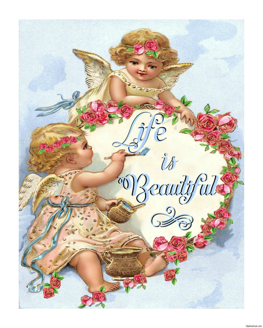 Life is Beautiful  Baby Cherubs Painting 8x10 Print. Blue also in Pink