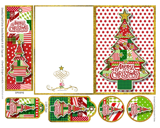 Christmas Bits Tree with red Polka Dots background - Printable Card set with Seals, bookmark, tags