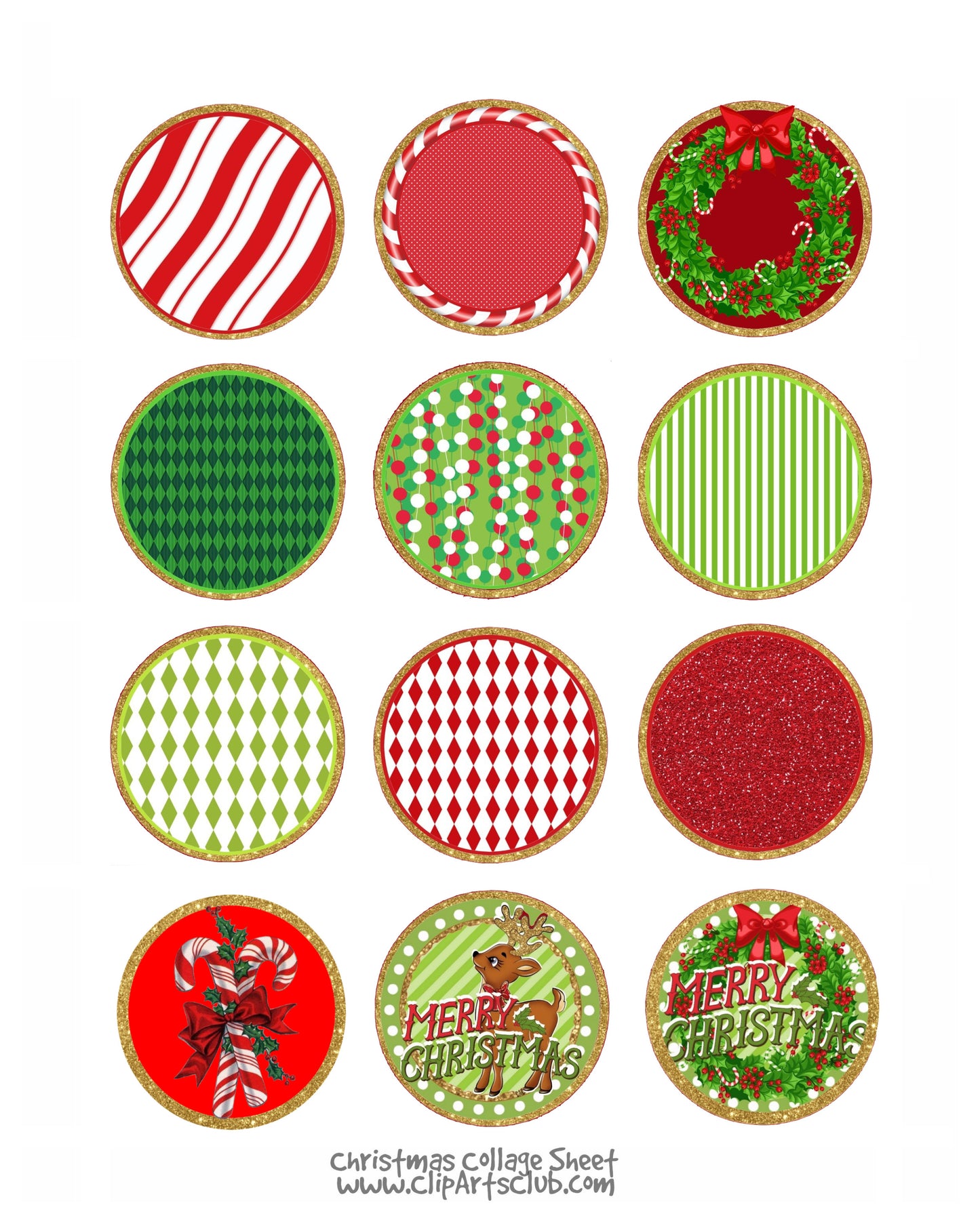 12 Different Christmas Circles Trimmed in Gold Collage Sheet