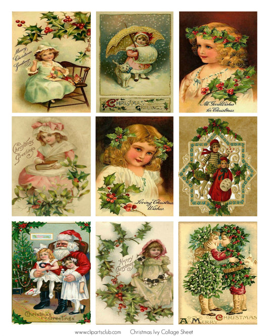 Christmas Victorian Ivy Collage Sheet  9 cards - Printable