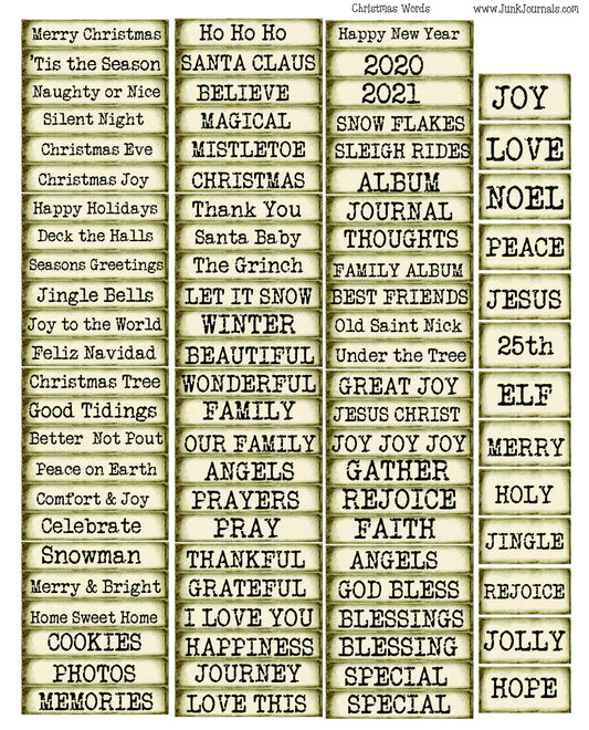 Christmas & New Years Printable Words Collage Sheet -Vintage GREEN