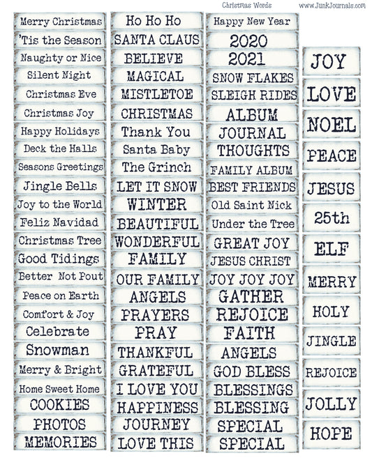 Christmas & New Years Printable Words Collage Sheet -Vintage WHITE-Blue