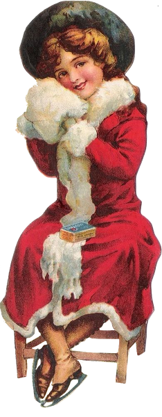 Christmas Girl - Vintage Victorian Girl in Christmas Coat sitting with ice skates on