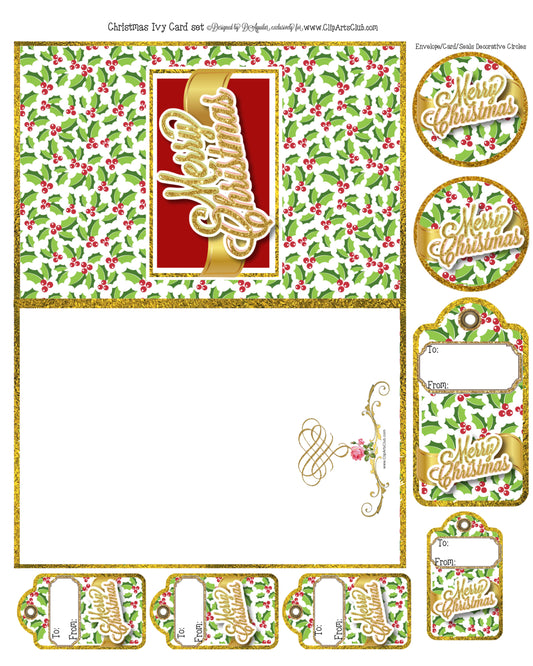 Christmas Ivy Greeting Card #1 Has Matching Pockets & Pull Outs, Seals, Envelopes & Gift Tags Printable Craft - CARD #1