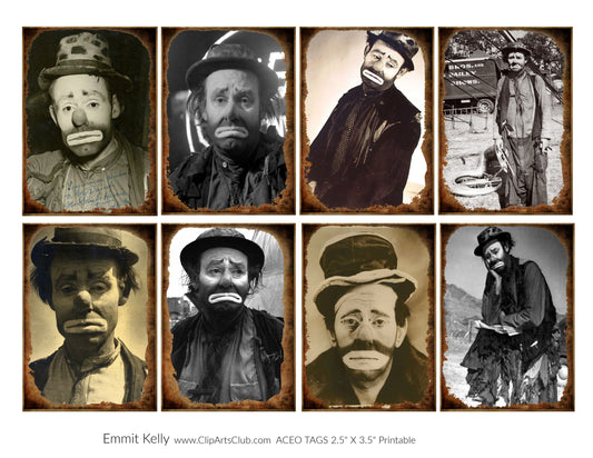 Vintage Old photos of Emmit Kelly The first Clown Circus Vintage Photos Printable ATC or ACEO size cards