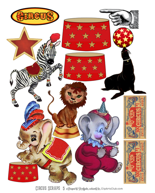 Circus Vintage Animals & Elements  Lion, Zebra, Elephants,Collage Sheet Printable