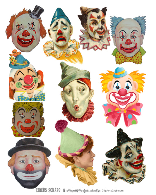Circus Vintage Elements, Clown Faces, Clown Heads Collage Sheet Printable