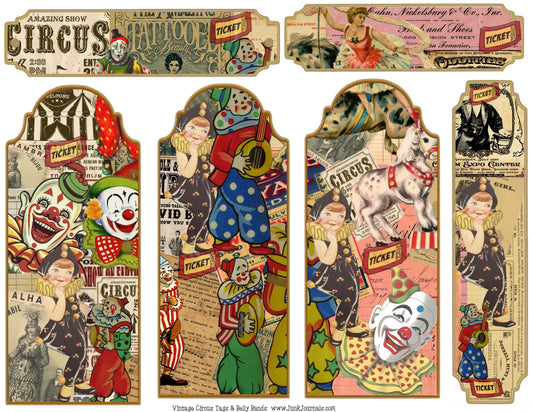 Vintage Circus Junk Journal Tags or Bookmarks & Bell Bands Printable