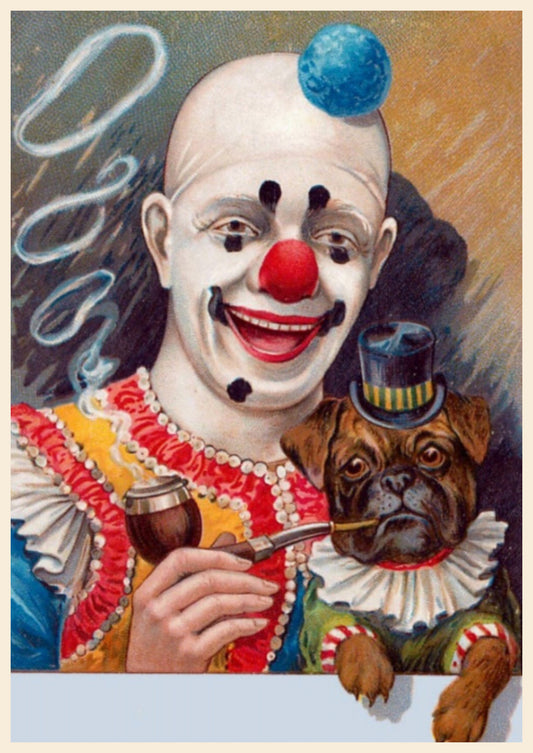 Circus Clown with pipe smoking Pug Vintage art Ephemera