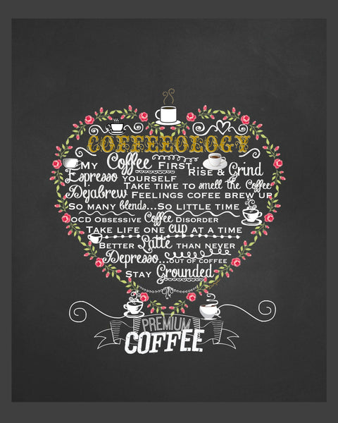 Coffeeology Coffee Lover 8x 10 Chalk Art Sign Print Ready To Frame -Kitchen, Cafe or Restaurant