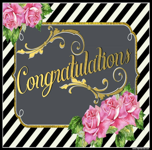 Congratulations Roses & Black Stripes Elegant Gold Foil - Wedding Facebook Greeting or Scrapbook