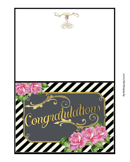 Roses & Black Stripes Elegant Gold Foil - Congratulations Card 4x6 Printable