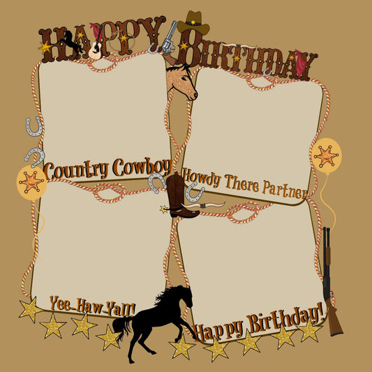 Cowboy Birthday Scrapbook Page 12x12 Printable -  With Frames