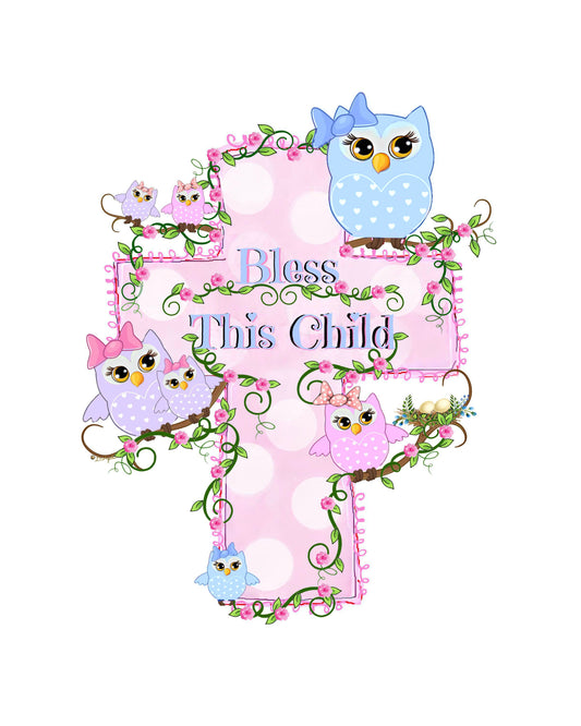 "Bless This Child" Pink Cross with Blue Owls Print