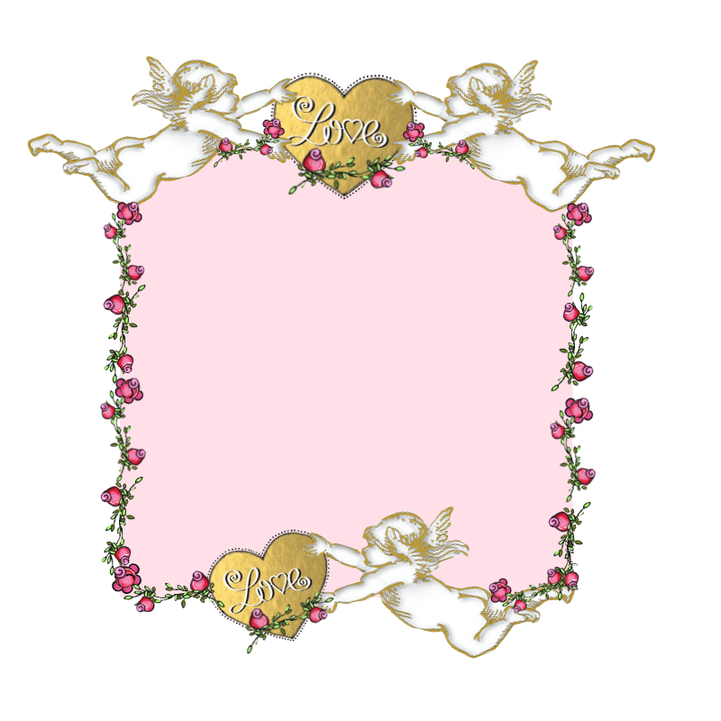 Cupid Love Pink Background rosebuds and rose vine & gold foil heart