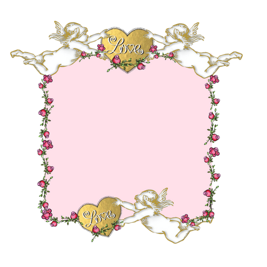 Cupid Love Pink Background rosebuds and rose vine & gold foil heart