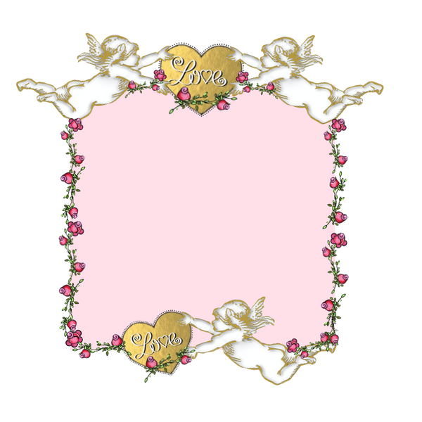 Cupid Love Pink Background rosebuds and rose vine & gold foil heart