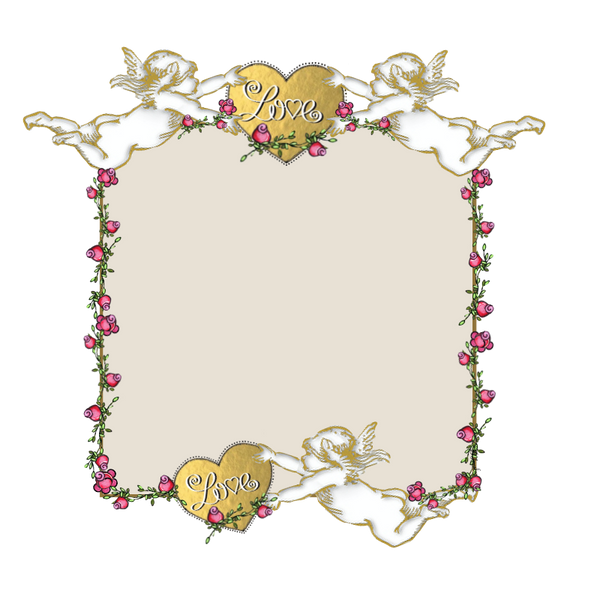 Cupid Love Frame Nude Background rosebuds and rose vine & gold foil heart