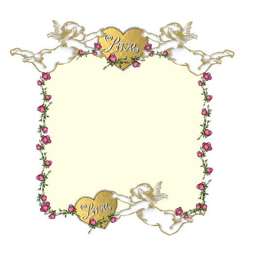 Cupid Love Yellow Background rosebuds and rose vine & gold foil heart