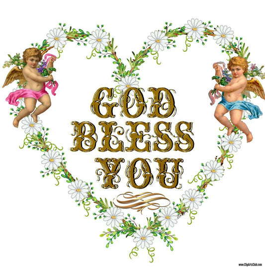 God Bless You Facebook Greeting Card Cherubs & Daisy Flowers in a Heart Wreath