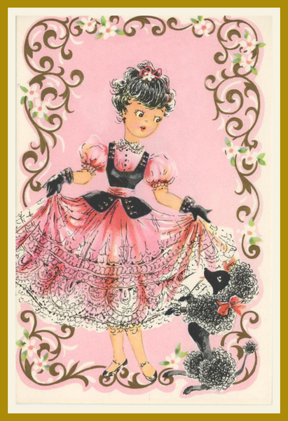 Vintage Pink Pretty Poodle Postcard with dancing girl & Dancing Poodle