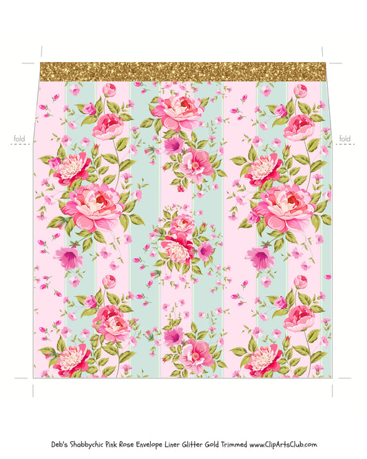 Beautiful Shabby Chic Pink Rose & Gold Glitter Trim - Envelope Liner DIY Printable